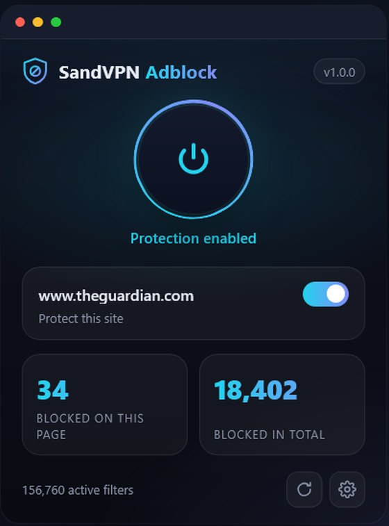 The SandBlock popup: protection enabled, 34 requests blocked on the page, 18,402 blocked in total