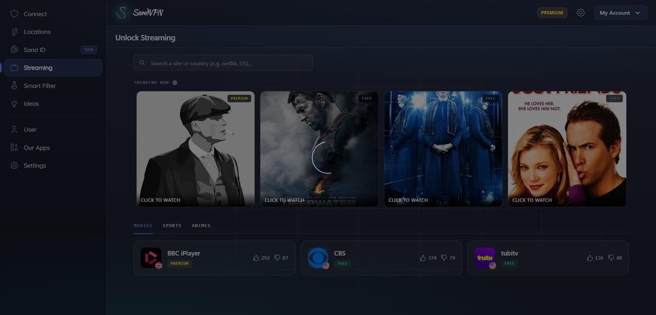The same view dimmed while SandVPN connects to a server in the right country