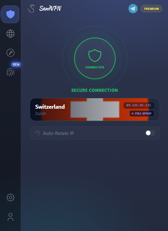 The SandVPN extension popup, connected to Zurich, Switzerland