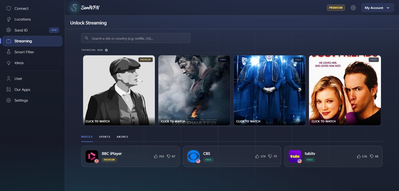 The SandVPN extension open on its Streaming tab, listing broadcasters with free and premium tiers